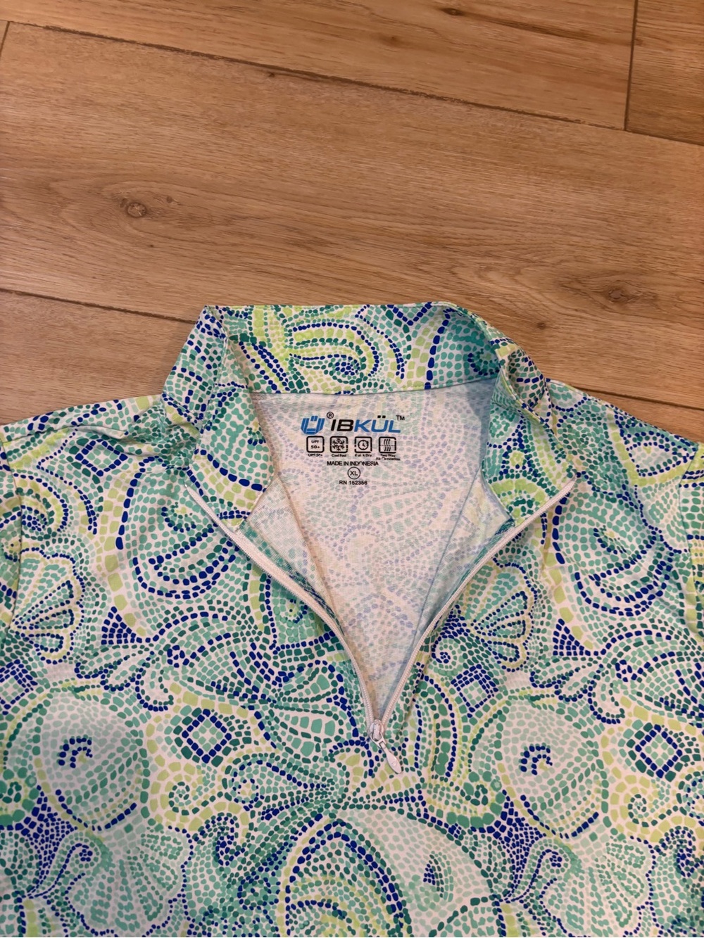 IBKUL Mariel Zip Mock Neck XL Turquoise Blue Multi Floral Golf Tennis Pickleball